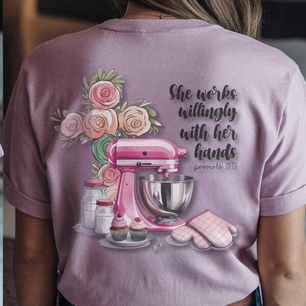 Christian Baking T-Shirt for Women – “She Works Willingly With Her Hands” Comfort Colors Oversized Tee with Mixing Bowl & Cross - Image 5
