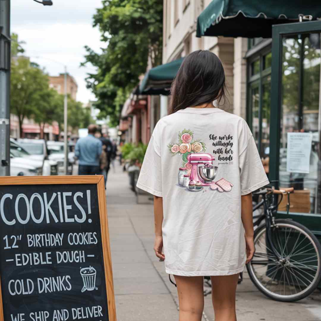 Christian Baking T-Shirt for Women – “She Works Willingly With Her Hands” Comfort Colors Oversized Tee with Mixing Bowl & Cross